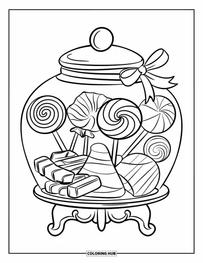 Desenho de doces e sobremesas para colorir para crianças: Um pote amarrado com fita transborda de balas e chocolate