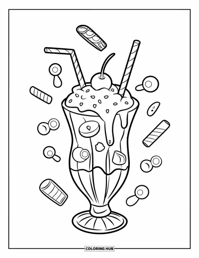 Desenho de doces e sobremesas para colorir para crianças: Um milk-shake tem cereja, balas e dois canudos saindo