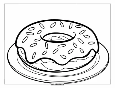 Desenho de doces e sobremesas para colorir para crianças: Um donut com confeitos descansa em um prato branco