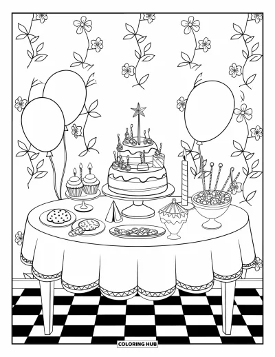 Desenho de doces e sobremesas para colorir para crianças: Uma mesa de festa com bolo e bexigas está em um piso xadrez