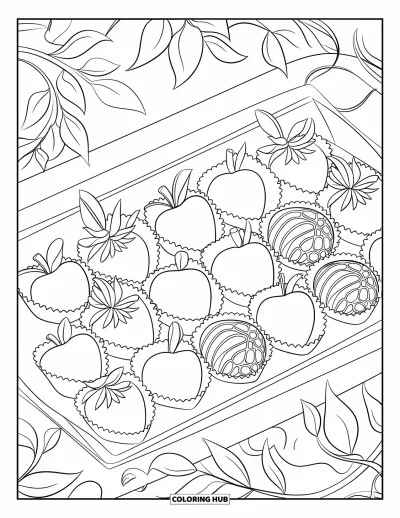 Desenho de doces e sobremesas para colorir para crianças: Uma bandeja com frutas e trufas é decorada com fitas e folhas