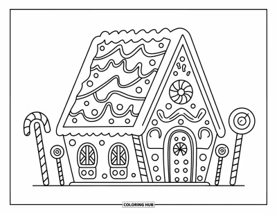 Desenho de doces e sobremesas para colorir para crianças: Guirlandas de balas decoram uma casinha de gengibre com pirulitos e glacê
