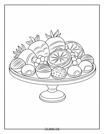 Desenho de doces e sobremesas para colorir para crianças: Frutas mergulhadas em chocolate e trufas estão dispostas em uma bandeja de guloseimas