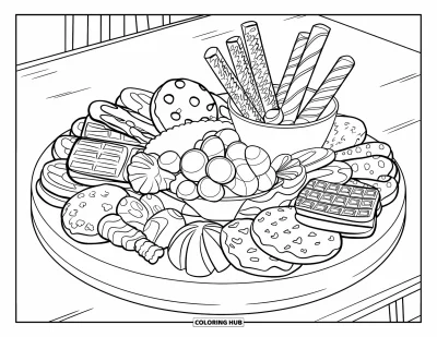 Desenho de doces e sobremesas para colorir para crianças: Biscoitos, gominhas e palitos de waffle enchem uma tábua de sobremesas em uma travessa de madeira