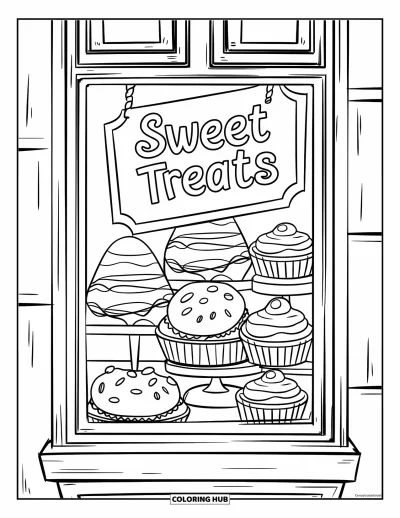 Desenho de doces e sobremesas para colorir para crianças: Cupcakes e éclairs enchem uma vitrine com um letreiro "Sweet Treats" acima