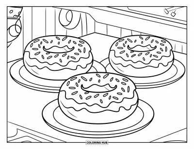 Desenho de doces e sobremesas para colorir para crianças: Donuts com formatos divertidos e glacê estão organizados em pratos separados