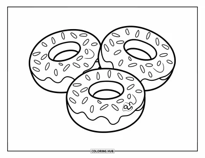 Desenho de doces e sobremesas para colorir para crianças: Donuts com glacê espesso incluem um em formato da cabeça do Mickey