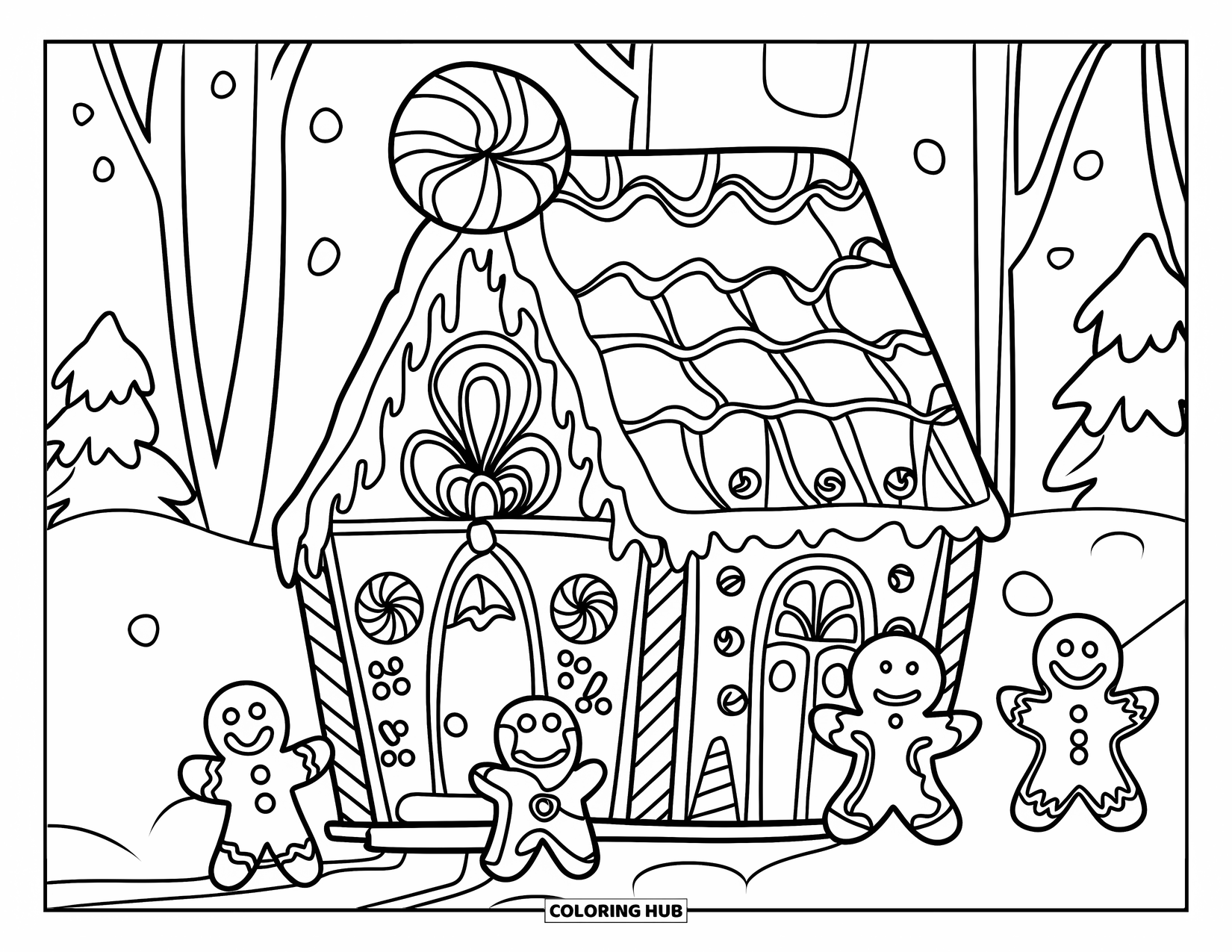 Sweet Treats Coloring Page for Kids: Frosted gingerbread houses are decorated with candy canes and snow
