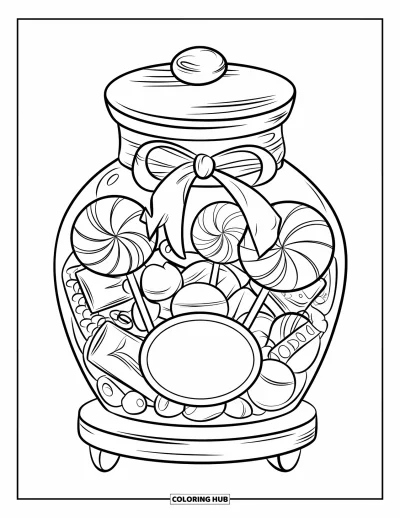 Desenho de doces e sobremesas para colorir para crianças: Pirulitos e balas embrulhadas enchem um pote com uma etiqueta e fita