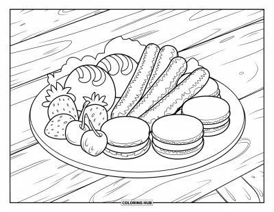 Desenho de doces e sobremesas para colorir para crianças: Mochi, churros e macarons descansam em um prato com frutas vermelhas e cereja