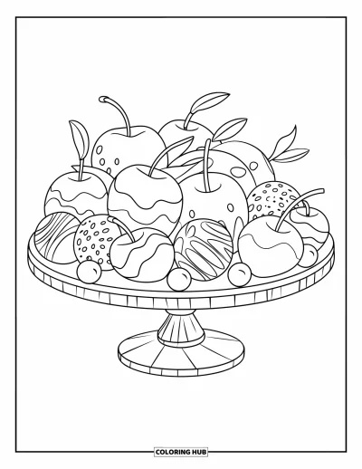 Desenho de doces e sobremesas para colorir para crianças: Morangos e cerejas mergulhados em chocolate descansam em uma bandeja elegante