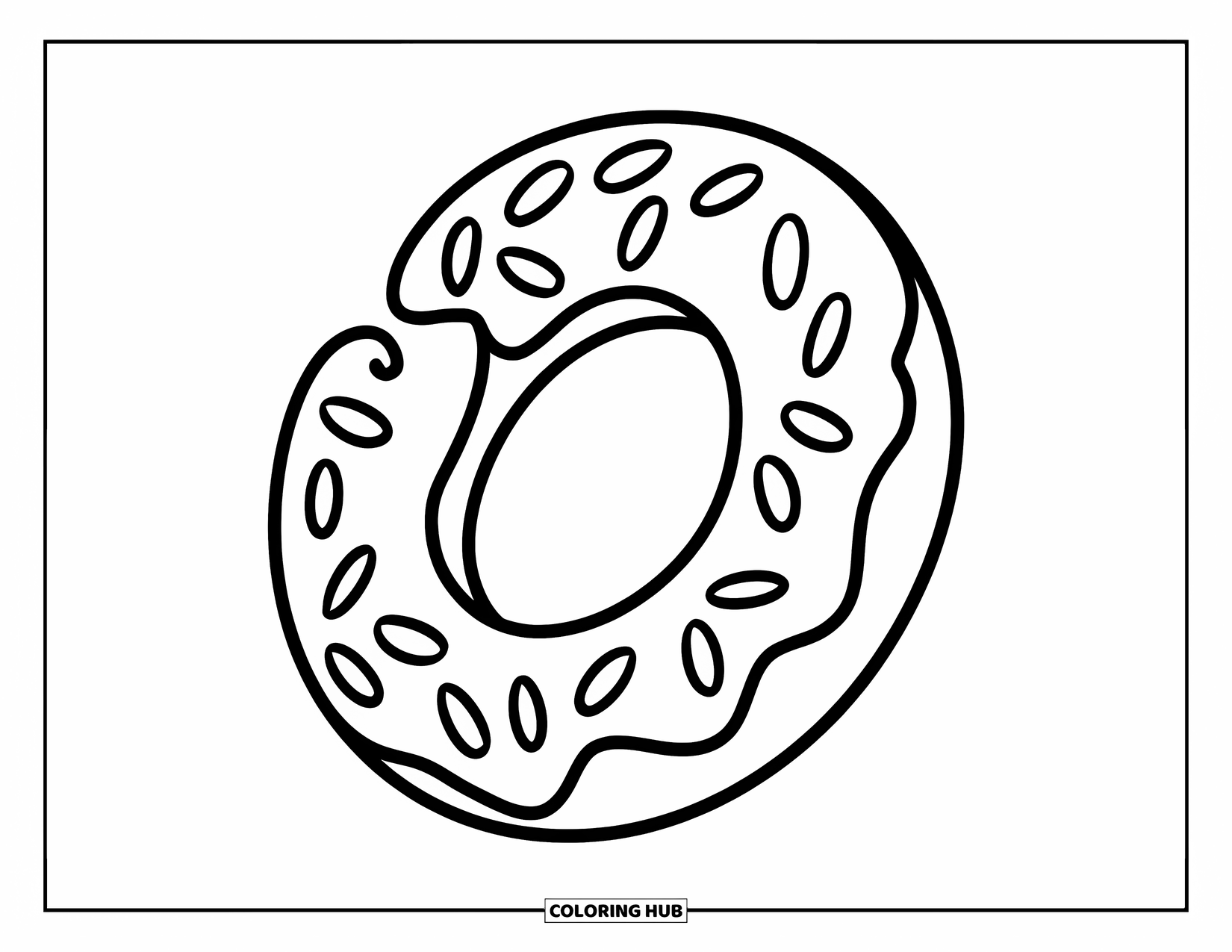 Sweet Treats Coloring Page for Kids: Three big donuts with icing and sprinkles wait to be eaten