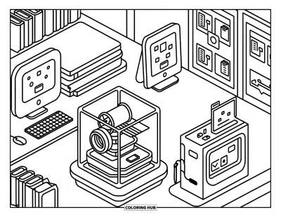 Technology Coloring Page for Adults: A cheerful tech corner with computers, headphones, and a clear 3D printer