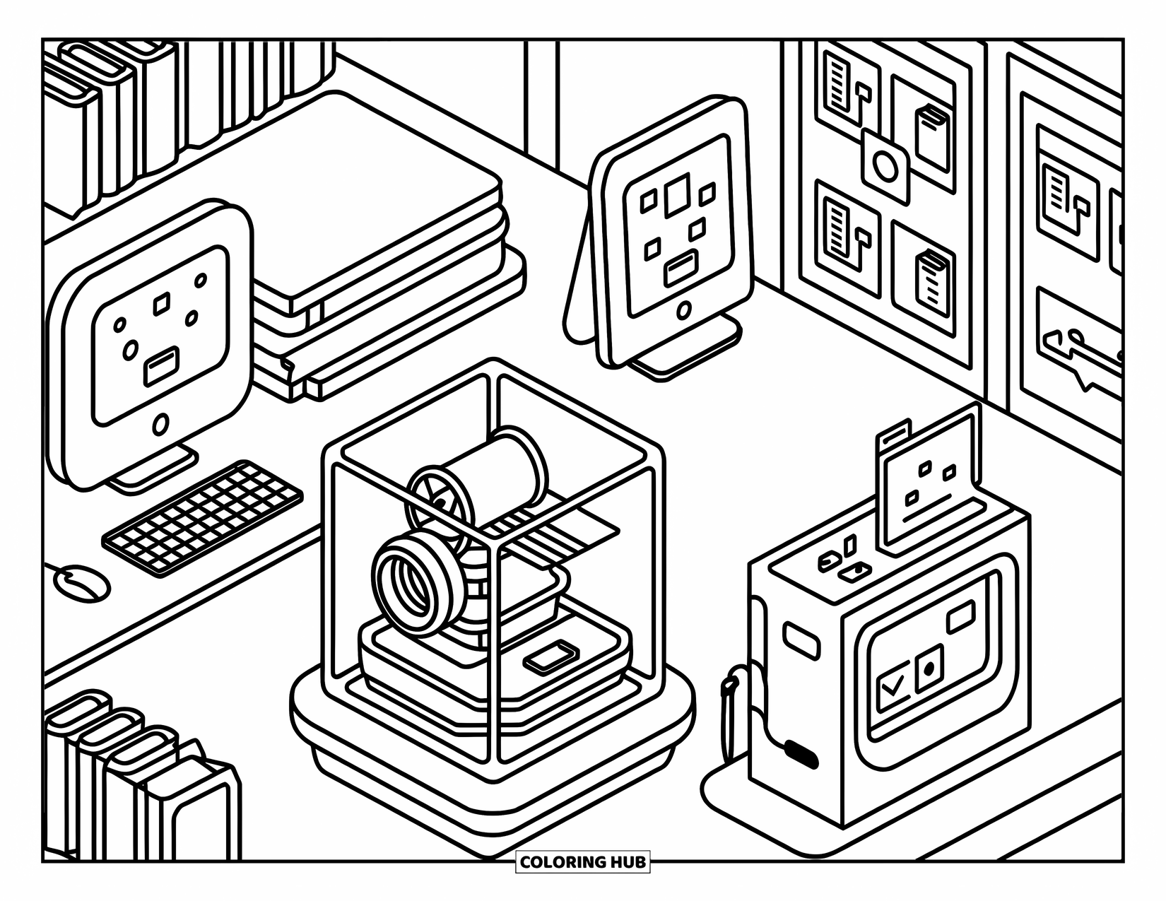 Technology Coloring Page for Adults: A cheerful tech corner with computers, headphones, and a clear 3D printer
