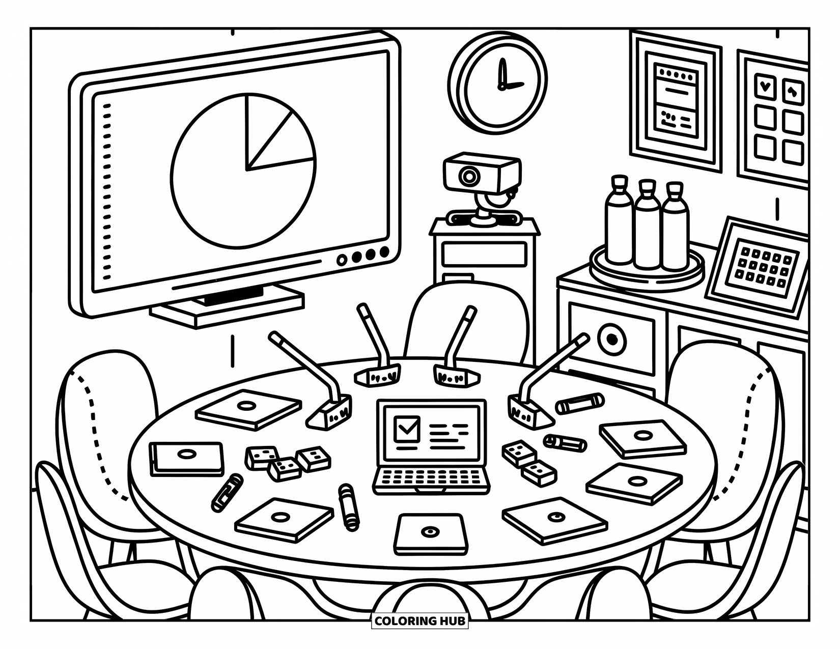 Technology Coloring Page for Adults: A cozy meeting room with laptops, microphones, and a pie chart on the screen