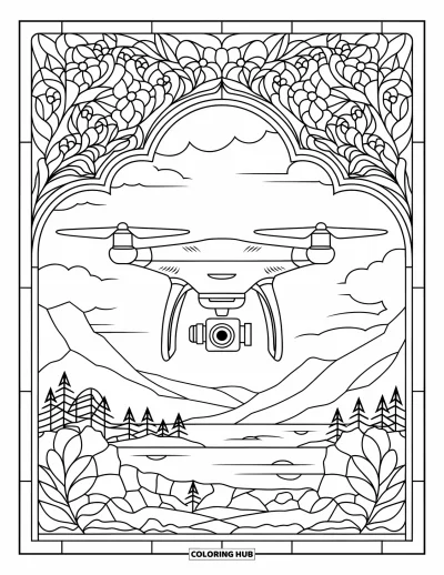Technology Coloring Page for Adults: A floral stained-glass window frames a camera drone in flight