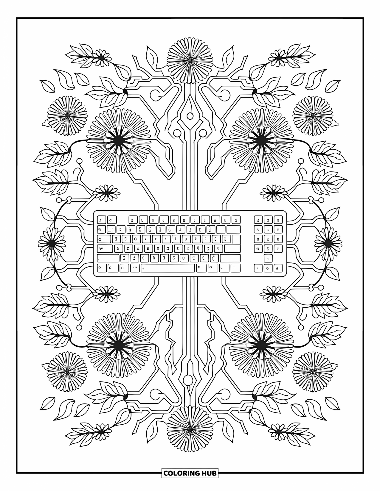 Technology Coloring Page for Adults: A keyboard is framed by flowers and vines shaped like techy circuits