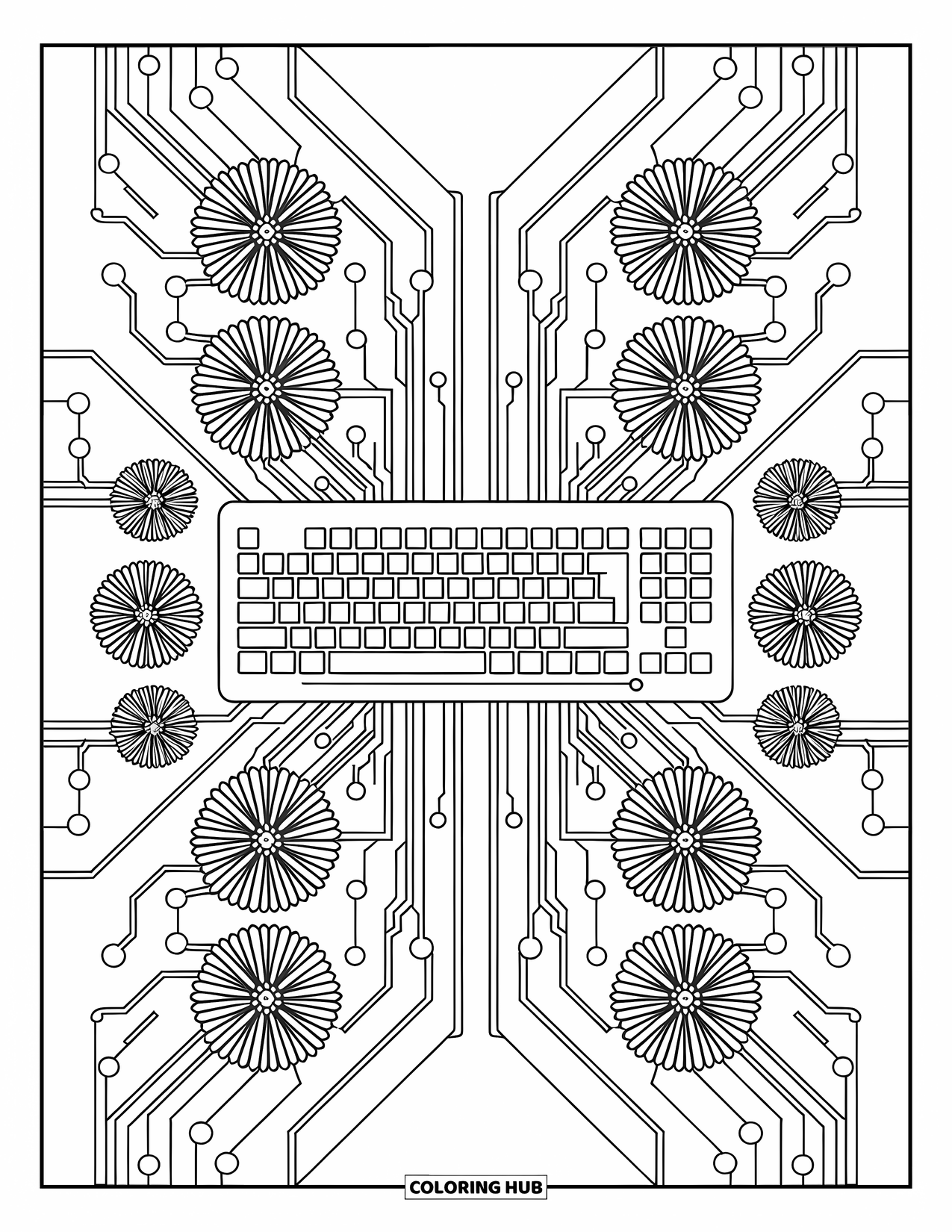 Technology Coloring Page for Adults: A keyboard sits surrounded by detailed vines, flowers, and techy patterns