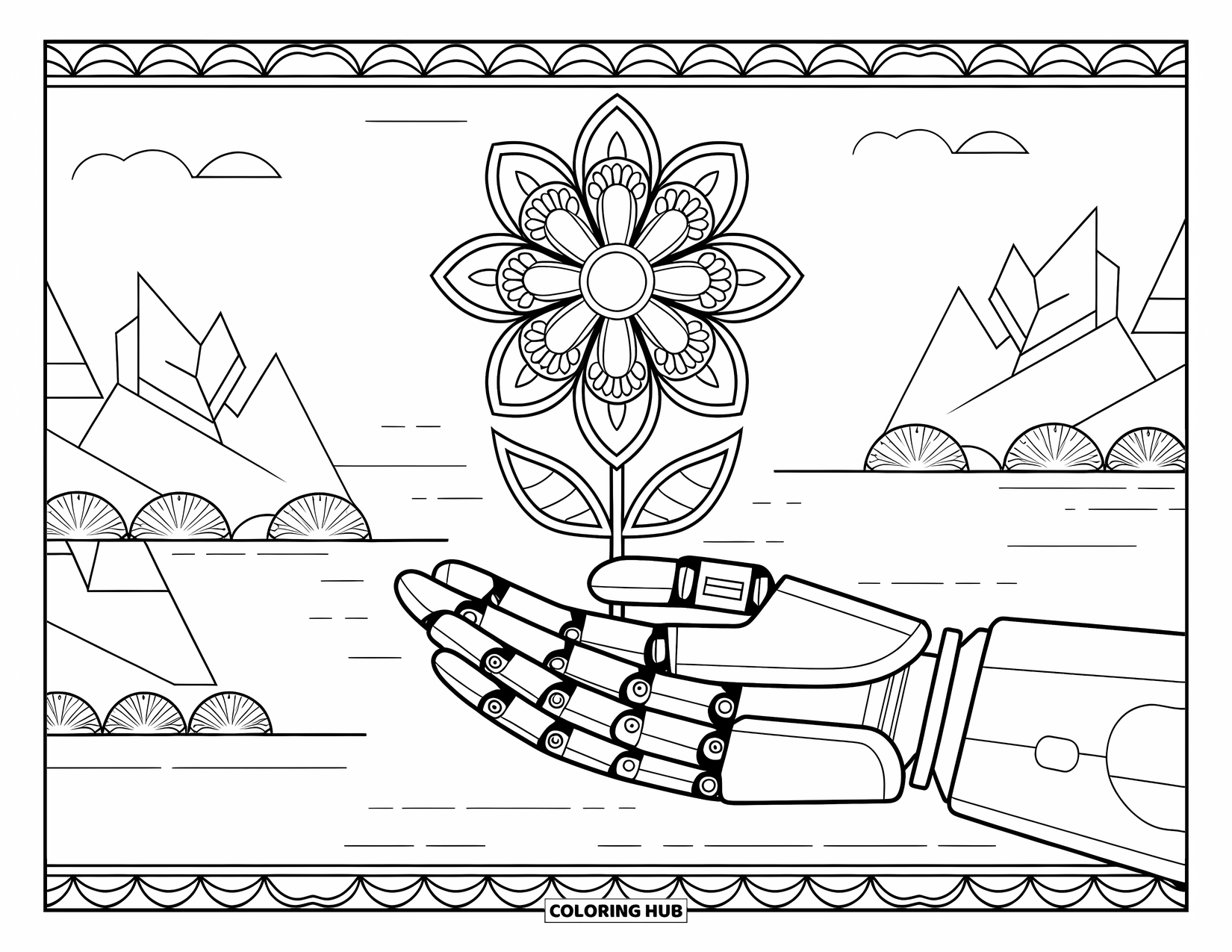 Technology Coloring Page for Adults: A robot hand presents a layered mandala flower against a peaceful mountain view
