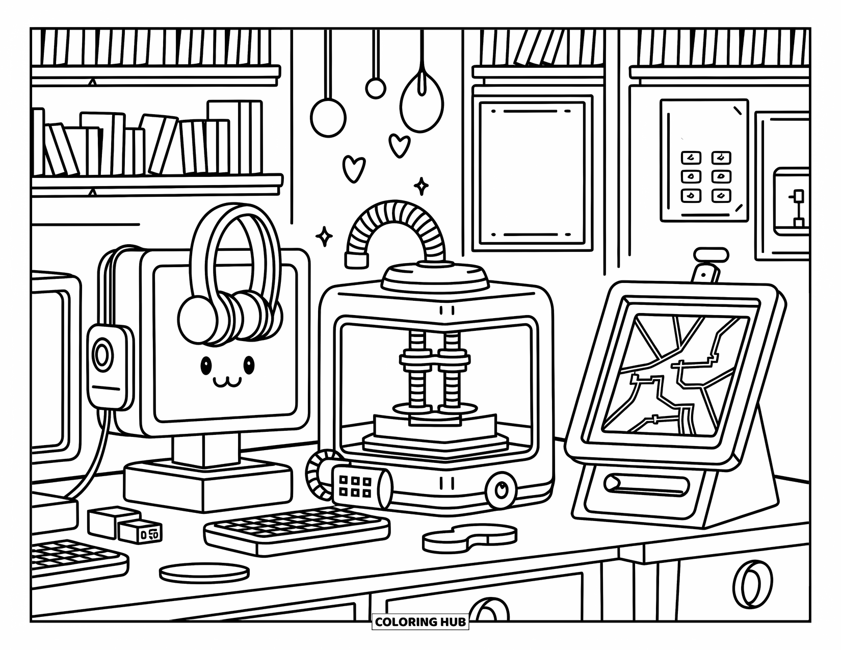 Technology Coloring Page for Adults: Cute library setup with computers, 3D printer, and signs for tech tools