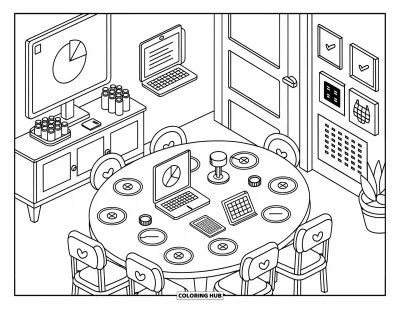 Technology Coloring Page for Adults: Cute round table setup with laptops, name tags, and a warm meeting vibe