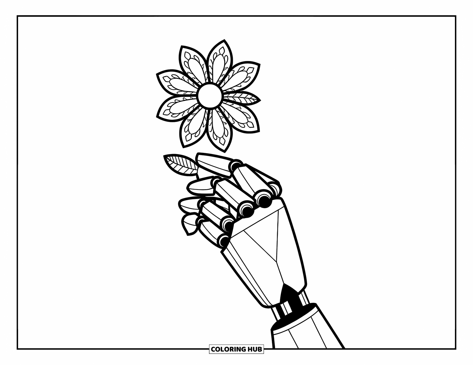 Technology Coloring Page for Adults: Mechanical fingers hold a detailed mandala flower on a clean background