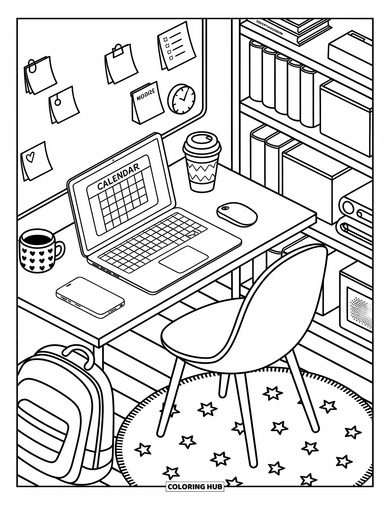 Technology Coloring Page for Adults: Modern home desk with a calendar laptop, coffee cup, and colorful sticky notes