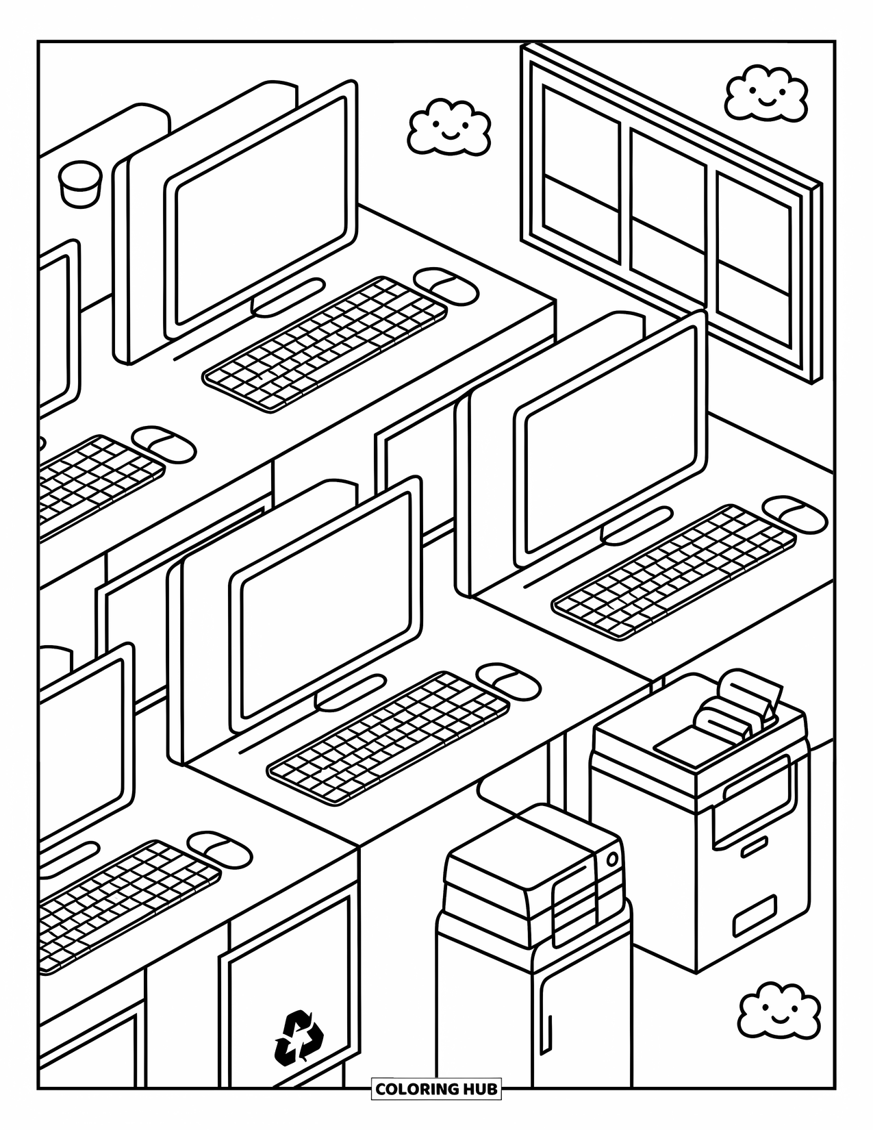 Technology Coloring Page for Adults: Office scene with tiny app icons, helpful posters, and cheerful desk setups