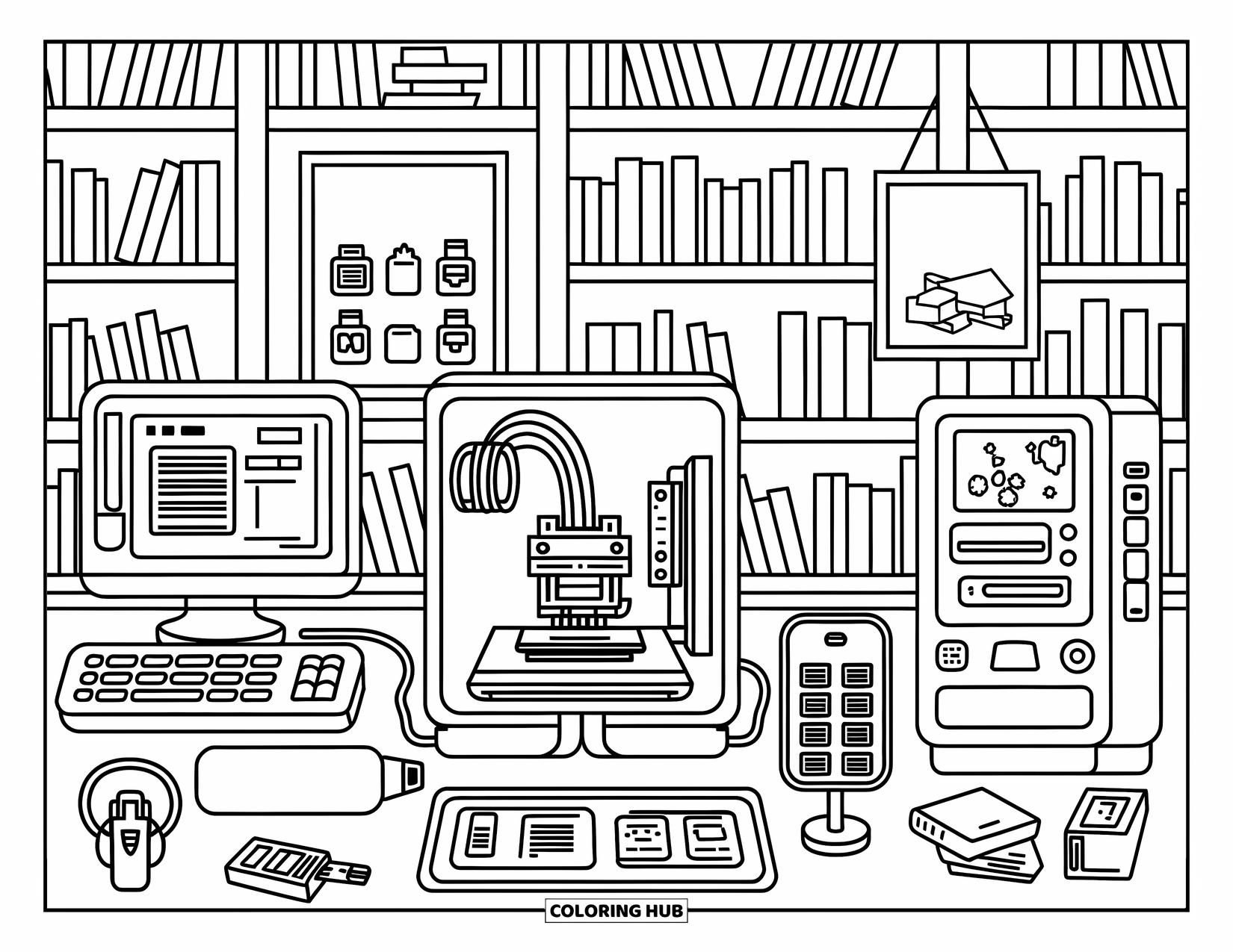 Technology Coloring Page for Adults: Tech space in a library with headphones, filament printer, and digital kiosks