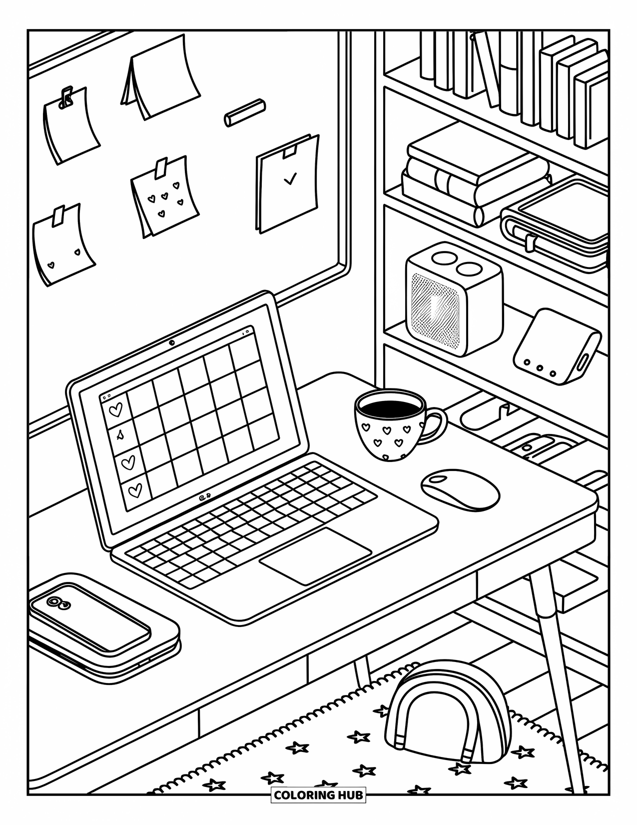 Technology Coloring Page for Adults: Warm home office scene with tech tools, notes, and a soft rug of stars
