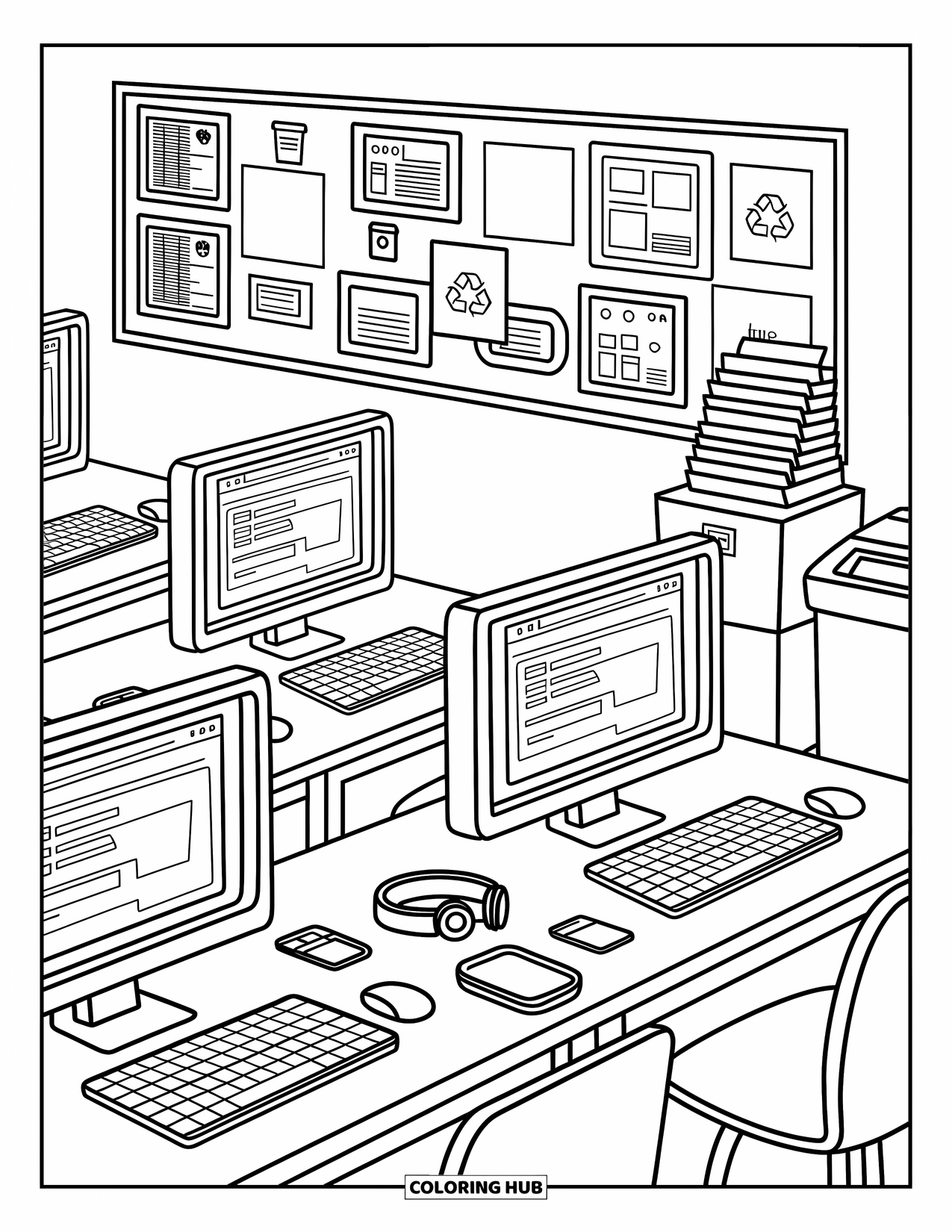 Technology Coloring Page for Adults: Workstation rows with open laptops, app posters, and soft, cozy details