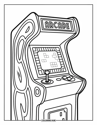 Technology Coloring Page for Kids: A classic arcade game machine with buttons and pixel screen