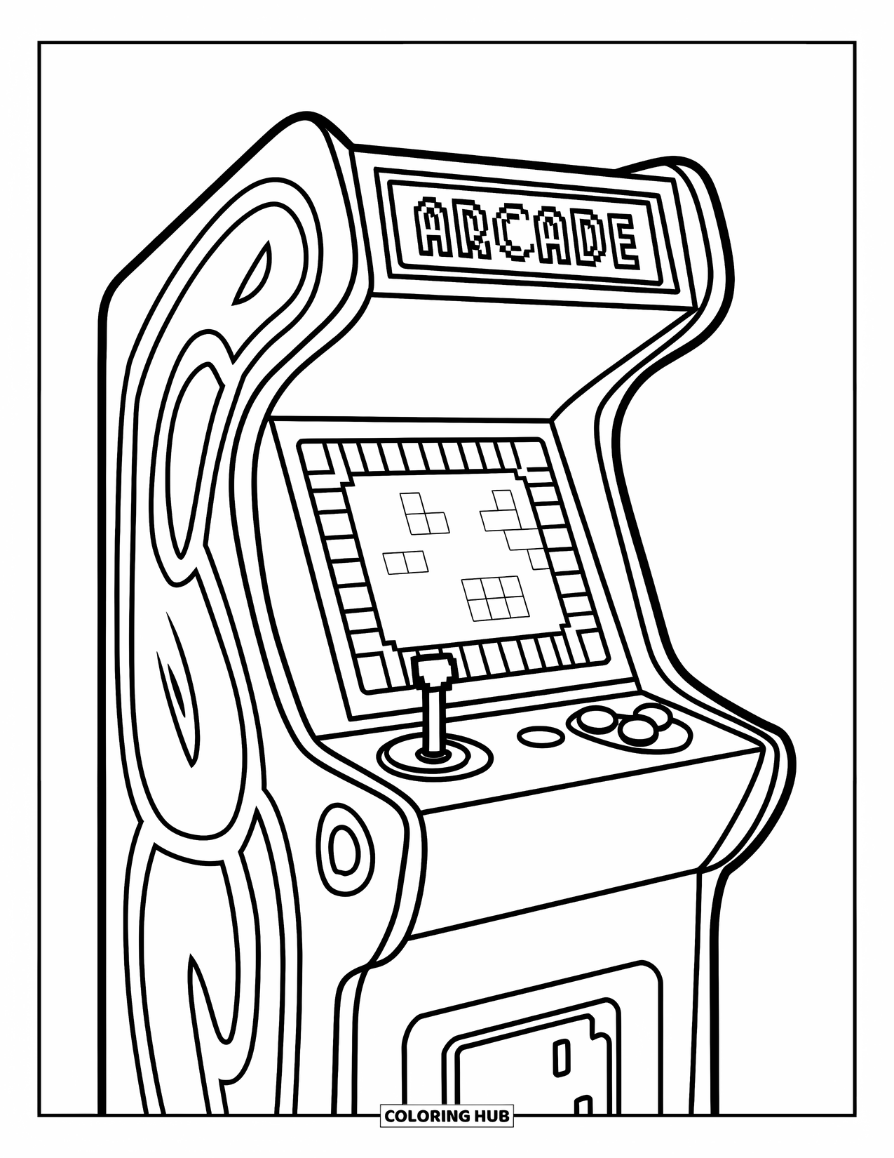 Technology Coloring Page for Kids: A classic arcade game machine with buttons and pixel screen