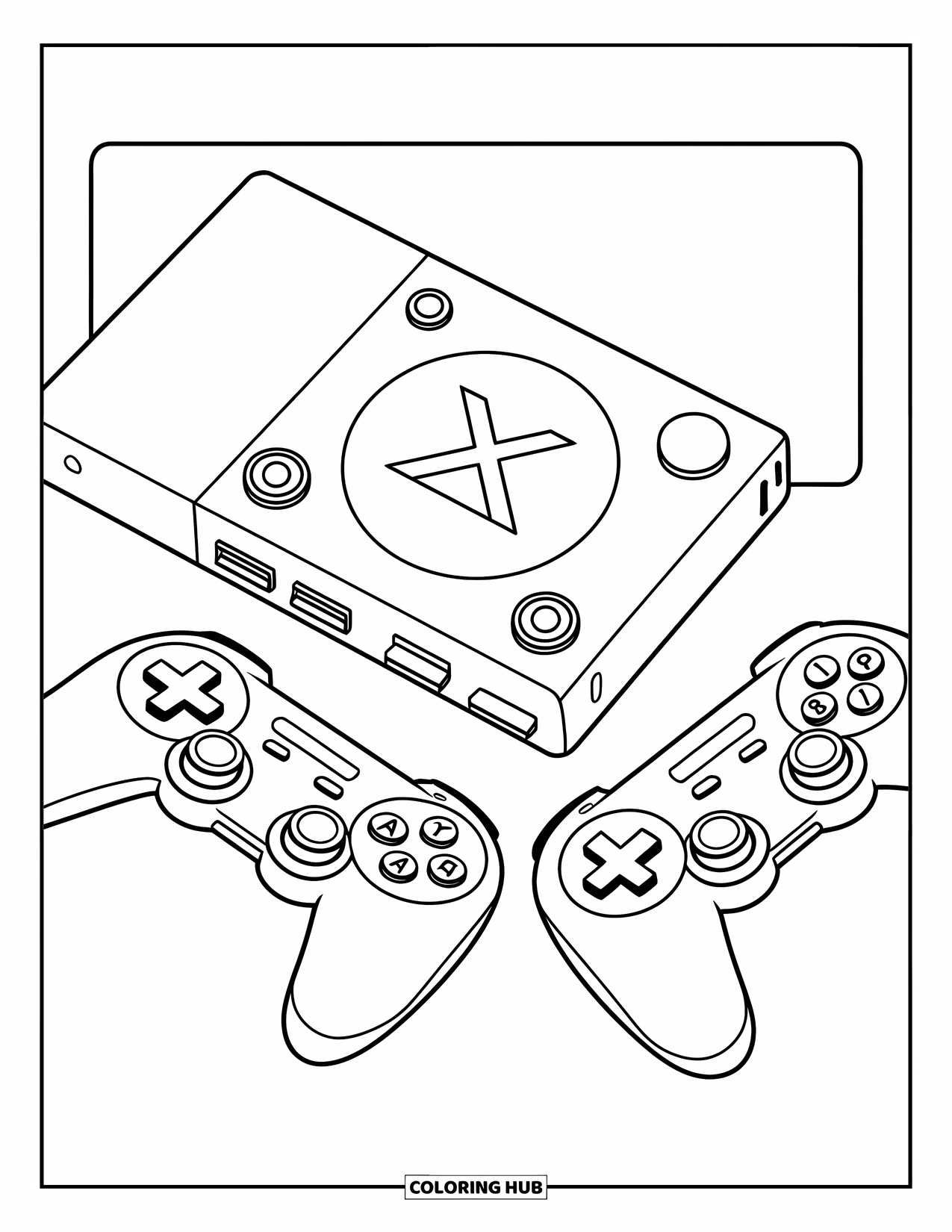 Technology Coloring Page for Kids: A game console with two wireless controllers ready to play