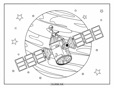 Technology Coloring Page for Kids: A satellite orbits Earth with panels and stars all around