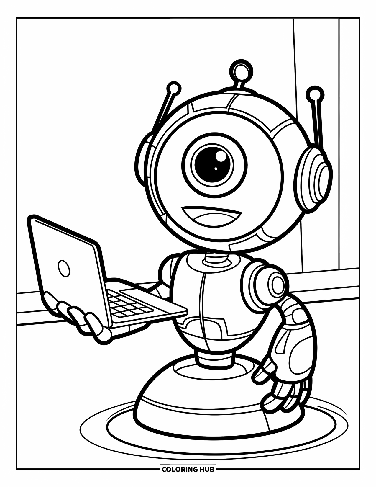 Technology Coloring Page for Kids: Cheerful robot holds a laptop with a big smile