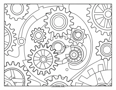 Technology Coloring Page for Kids: Circular gears connect with neat teeth in a fun design
