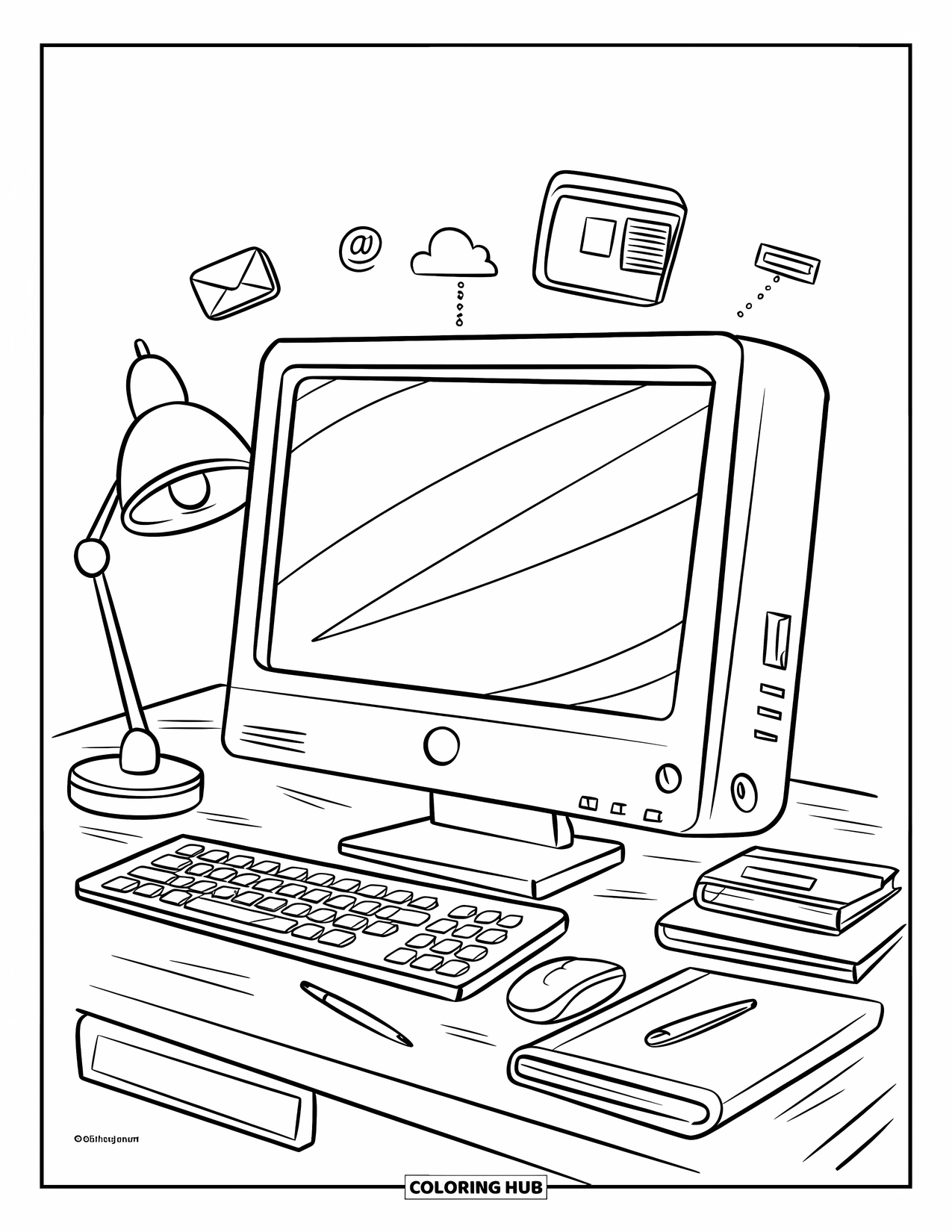 Technology Coloring Page for Kids: Computer setup with email and cloud icons floating above the desk