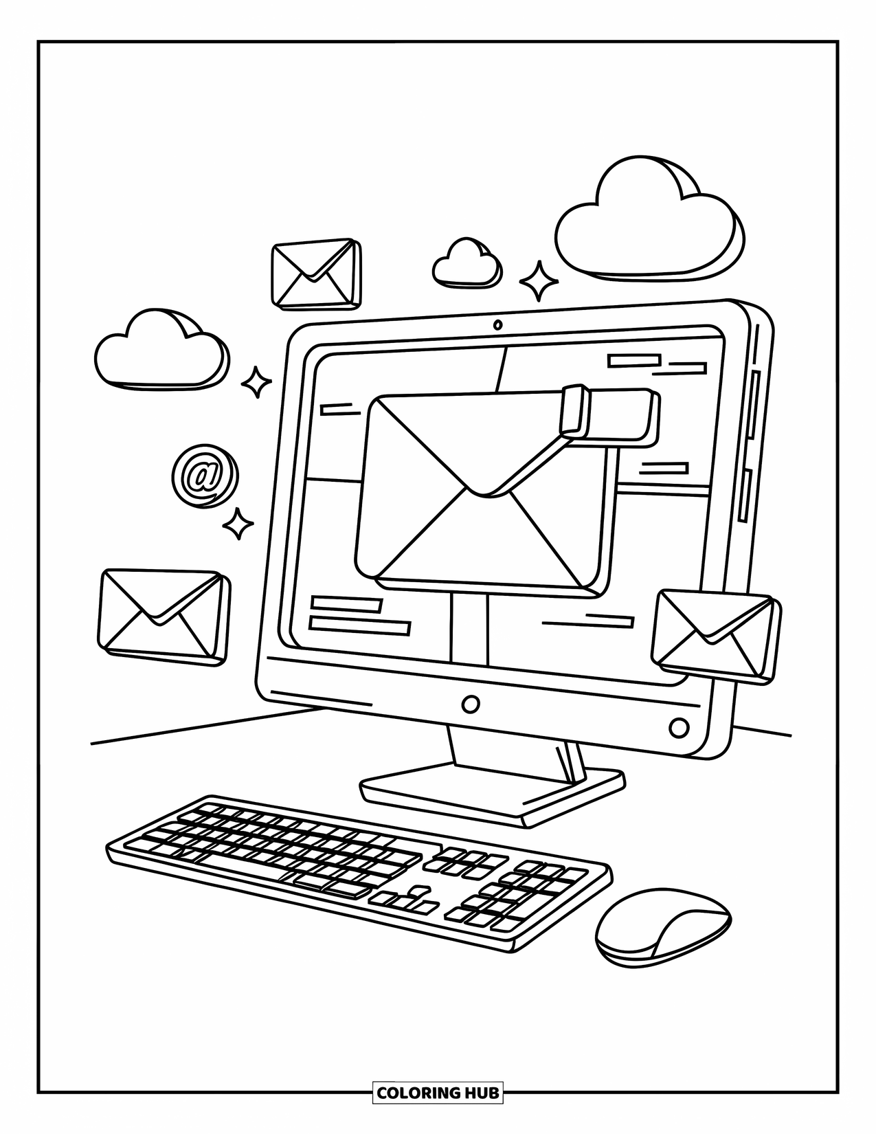 Technology Coloring Page for Kids: Desktop computer with keyboard, mouse, and digital icons all around