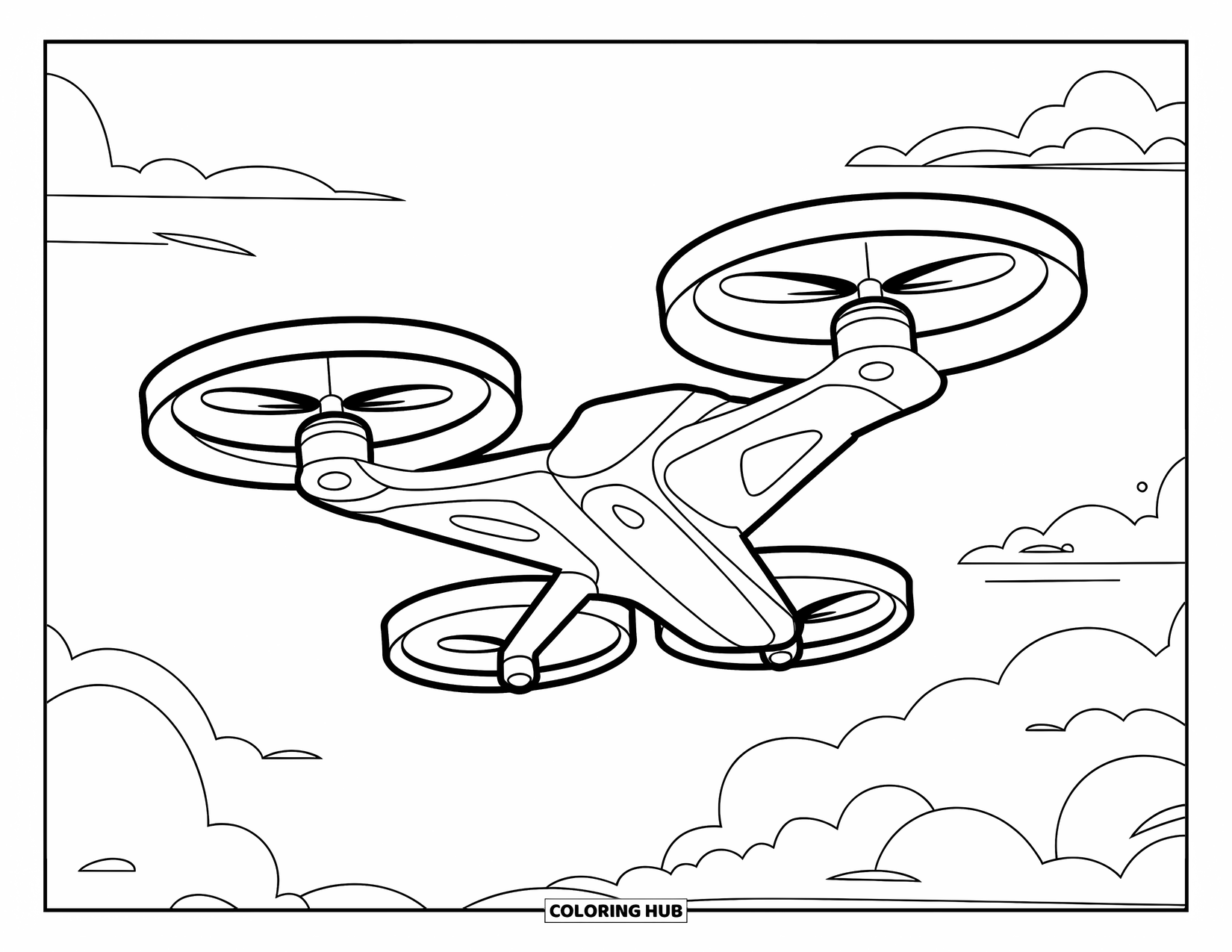 Technology Coloring Page for Kids: Drone floats happily in a sky with a few clouds
