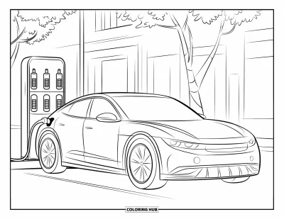 Technology Coloring Page for Kids: Electric car charges at a station on a quiet street with trees and buildings