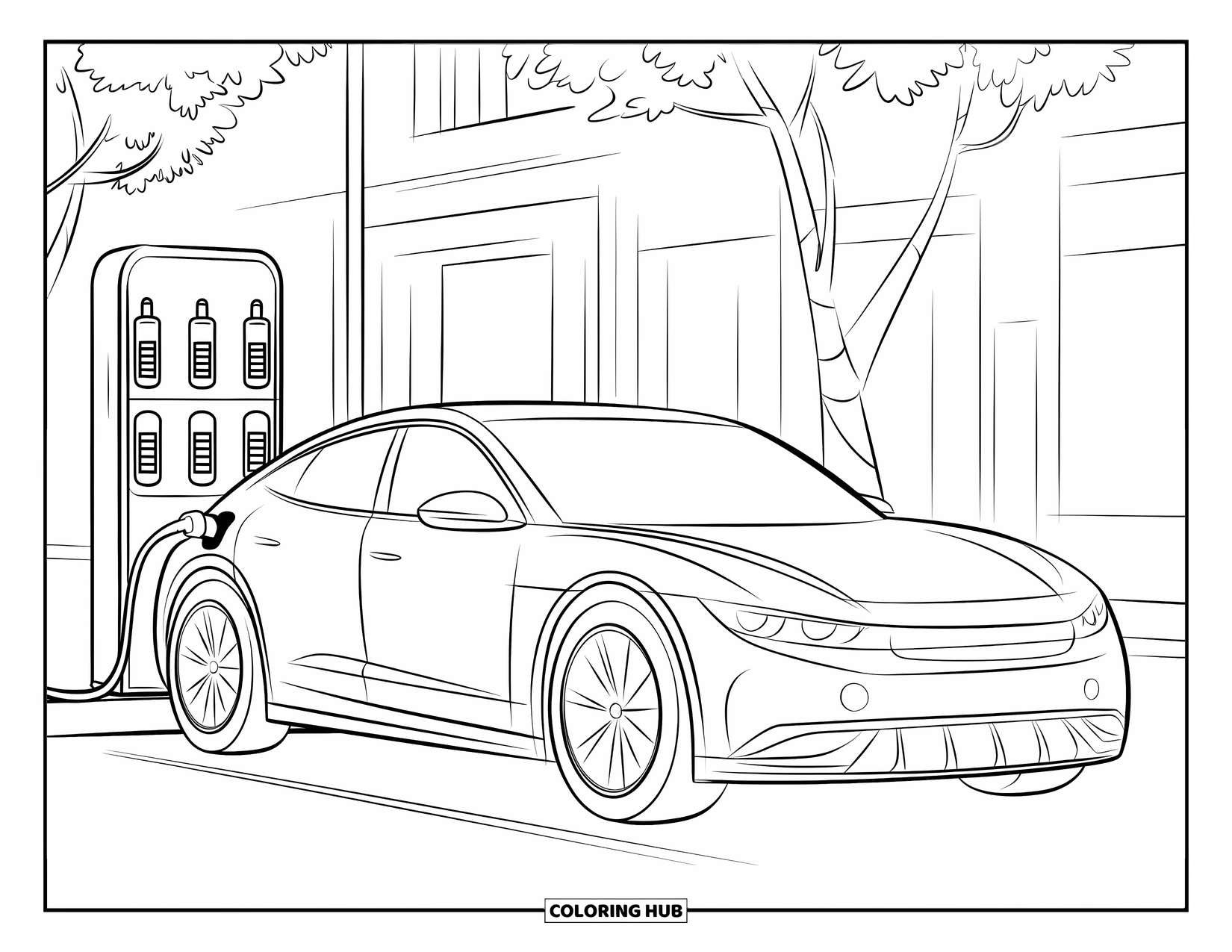 Technology Coloring Page for Kids: Electric car charges at a station on a quiet street with trees and buildings