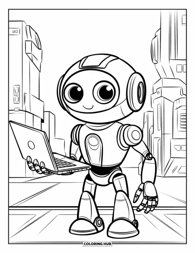 Technology Coloring Page for Kids: Friendly robot holds a laptop in a futuristic city