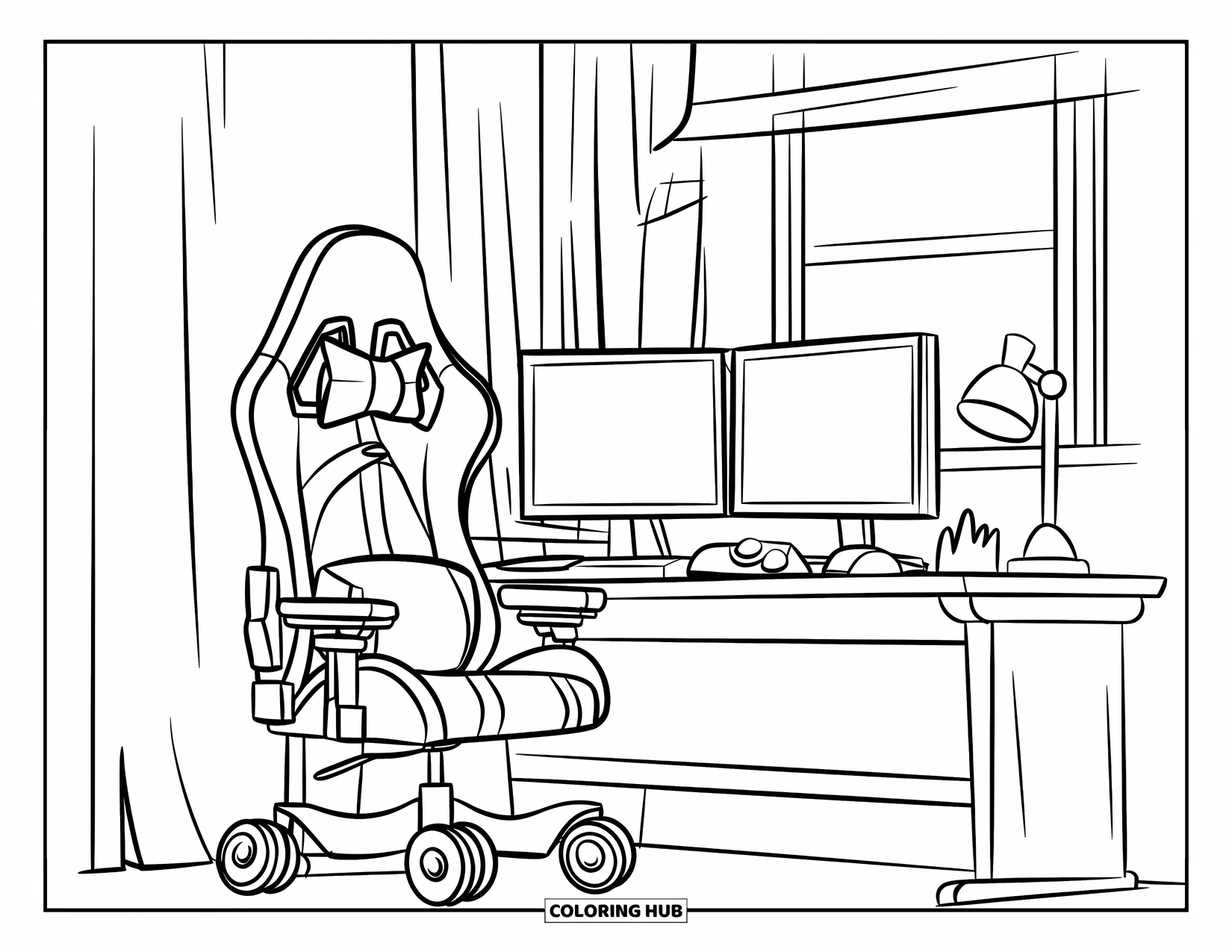 Technology Coloring Page for Kids: Fun gaming setup with comfy chair, headset, and plant by the window