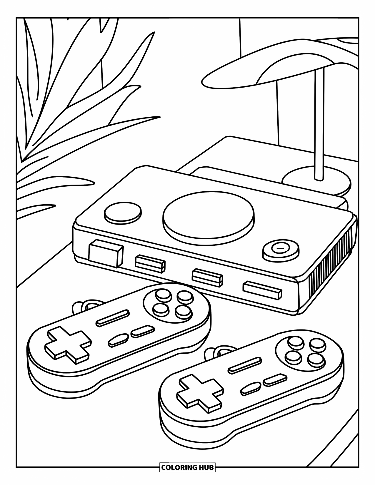 Technology Coloring Page for Kids: Game console shines with buttons and a playful background