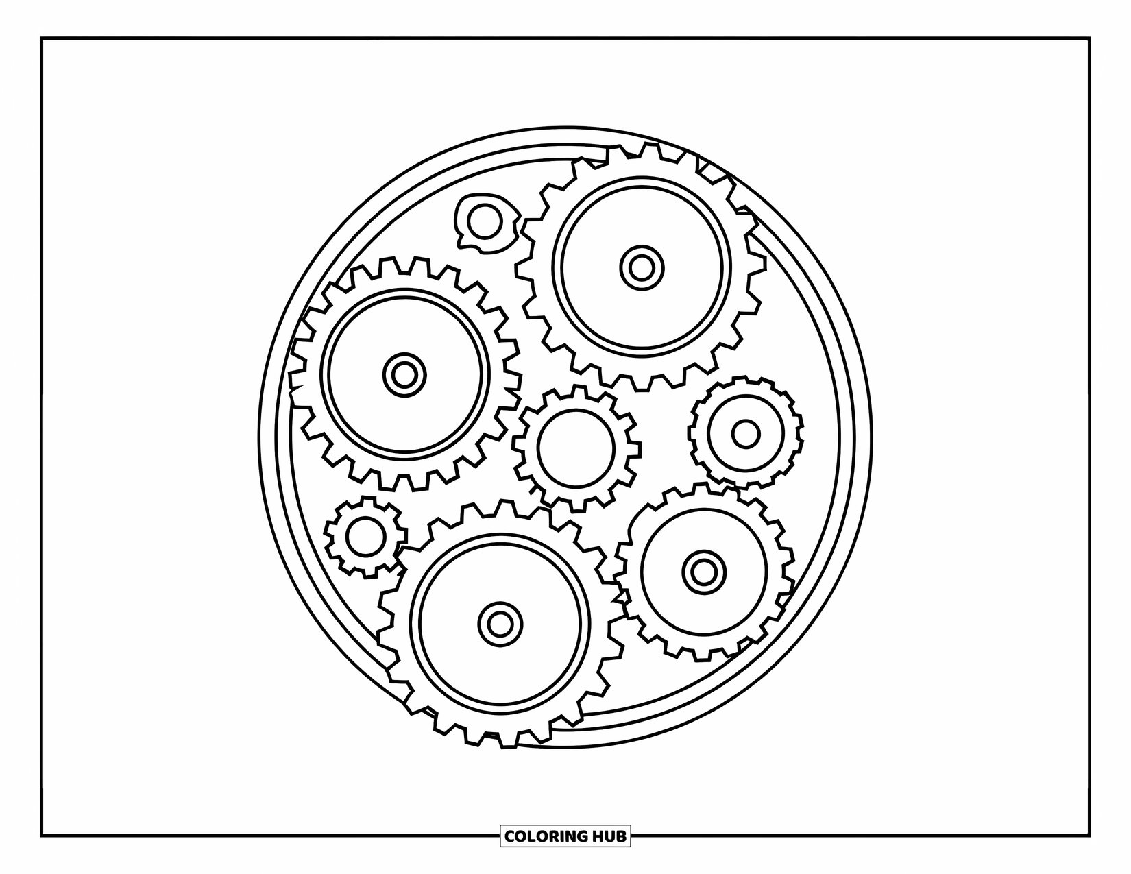 Technology Coloring Page for Kids: Gears and chains interlock in a playful pattern for young builders