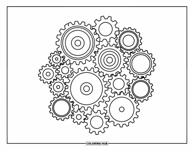 Technology Coloring Page for Kids: Gears link together in a creative circle of movement