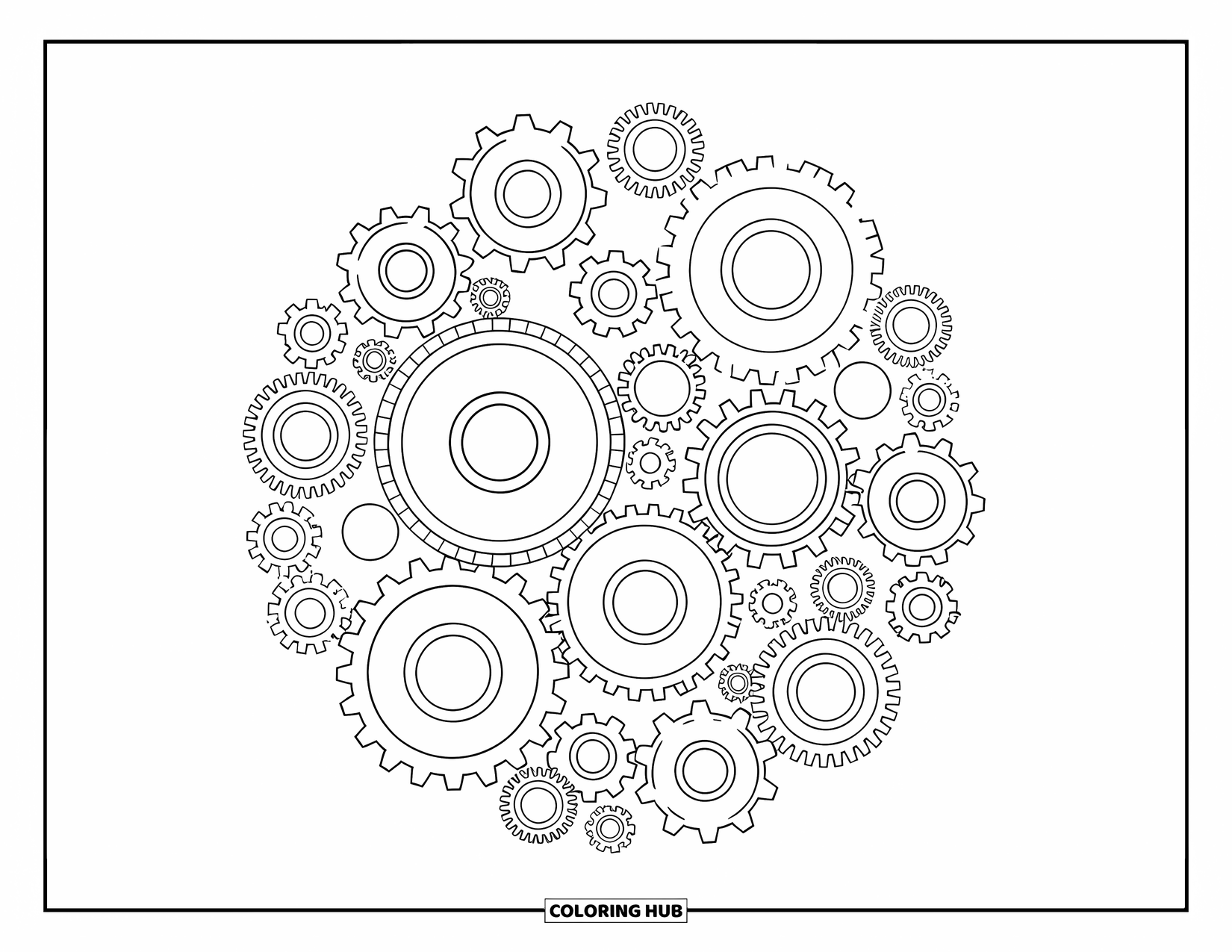Technology Coloring Page for Kids: Interlocking gears spin in a cool circular pattern