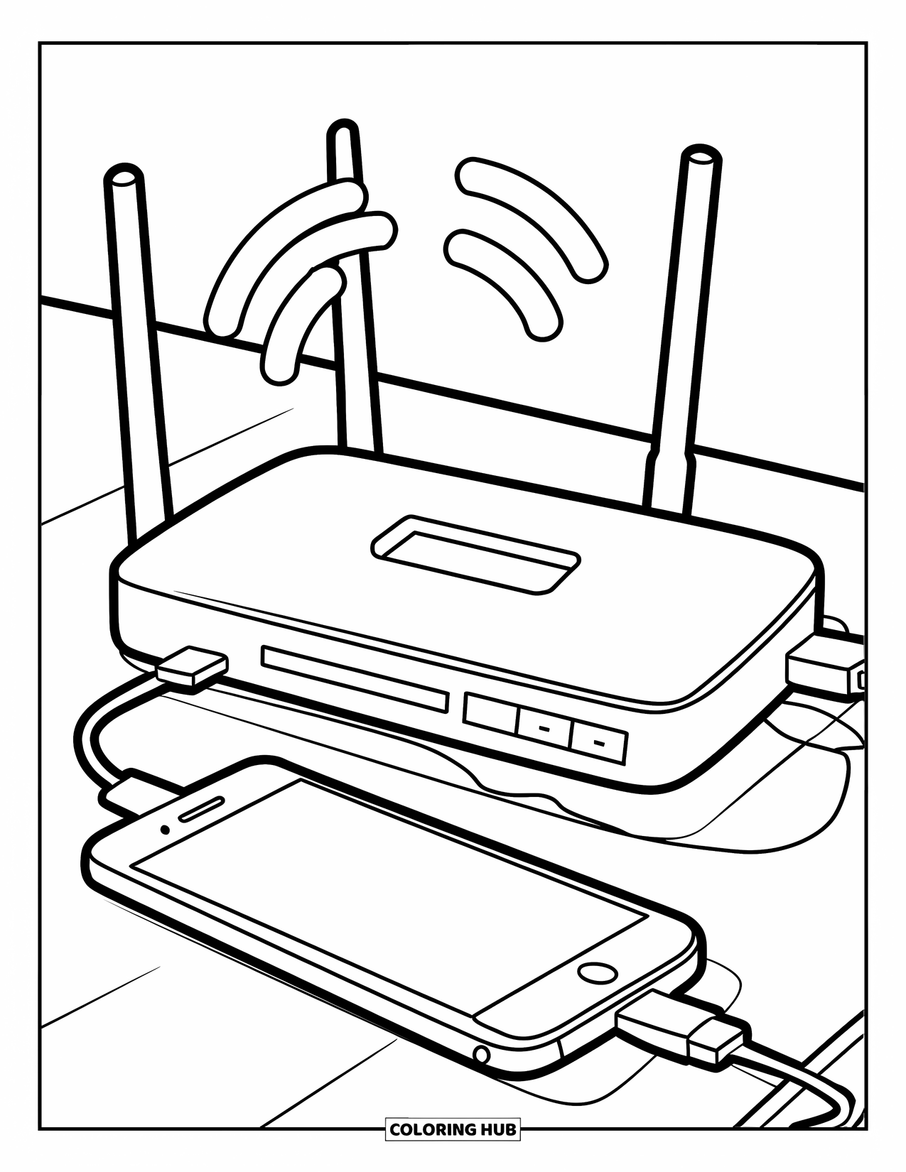Technology Coloring Page for Kids: Phone and devices link with signals in a tidy space