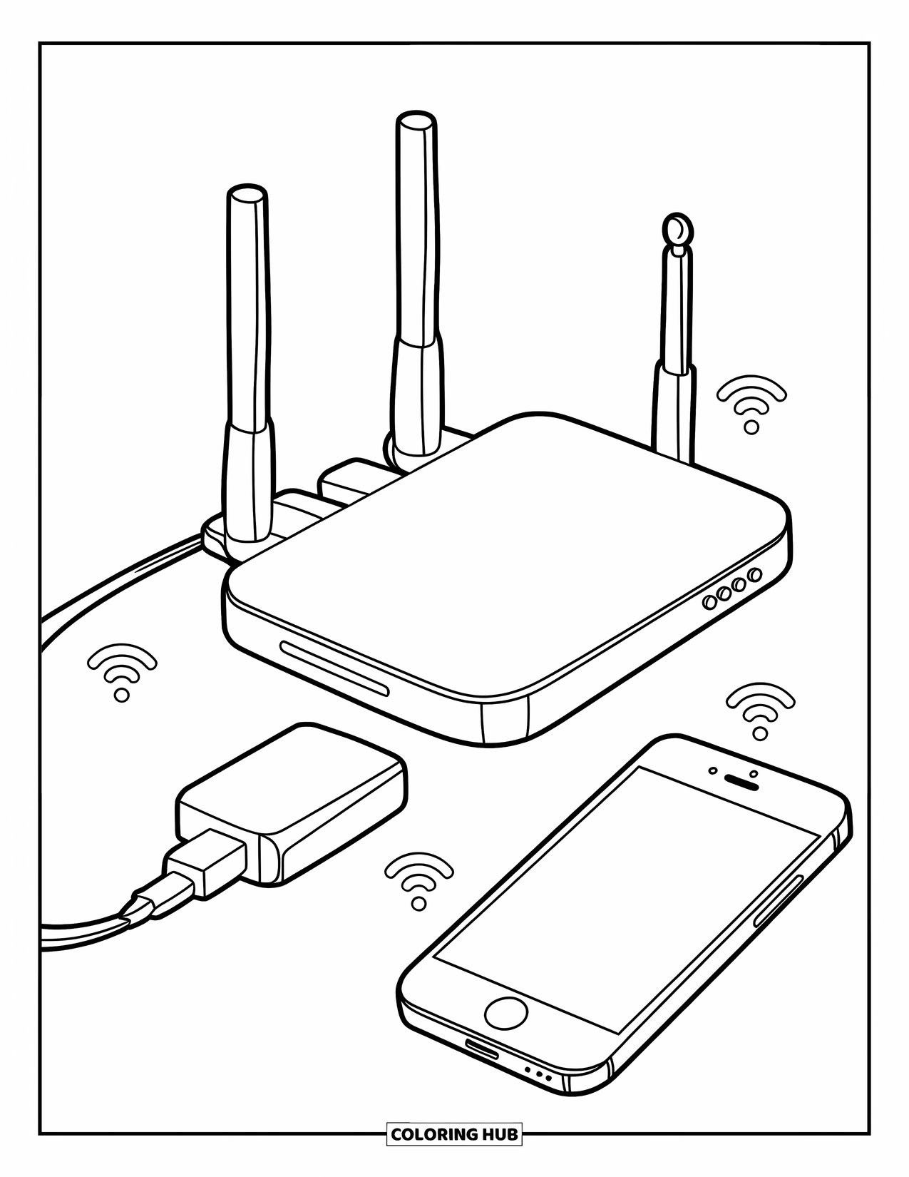 Technology Coloring Page for Kids: Phone, USB, and router share signals through the air